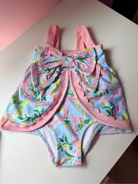 Smocked Flamingo Pink Paradise Scalloped Bow Swimsuit 9M